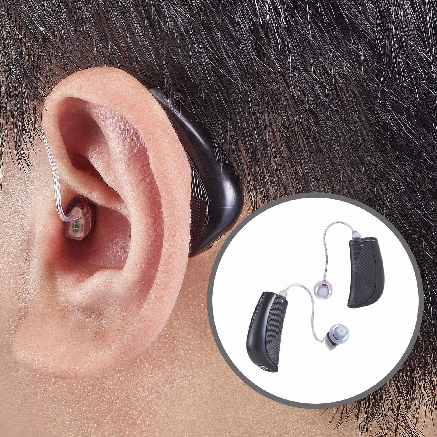 Close-up of a receiver-in-canal (RIC) hearing aid
